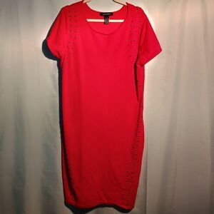 Women’s Red Studded Sheath Dress – Short Sleeve Body con Midi Dress